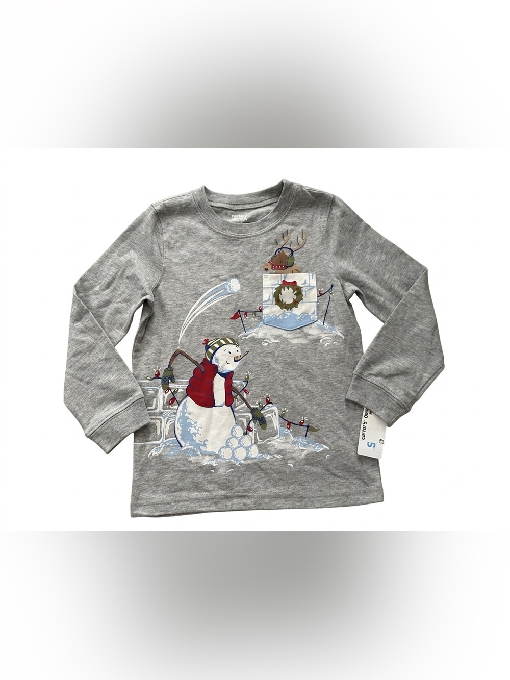 Carter's Gray Long Sleeve Snowman Reindeer Christmas Tee Size 5T NWT
